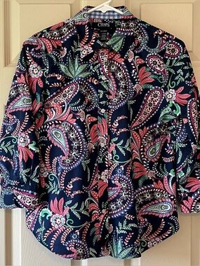Chaps Petite No Iron, 3/4 Sleeve Navy & Pink Button Up Woman's Shirt. Size PMed